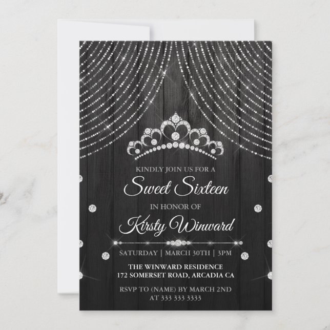 Silver Black Diamond Tiara Sweet 16 Invitation (Front)