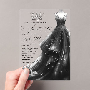 Silver Black Dress Princess Sweet 16 Acrylic Invitations
