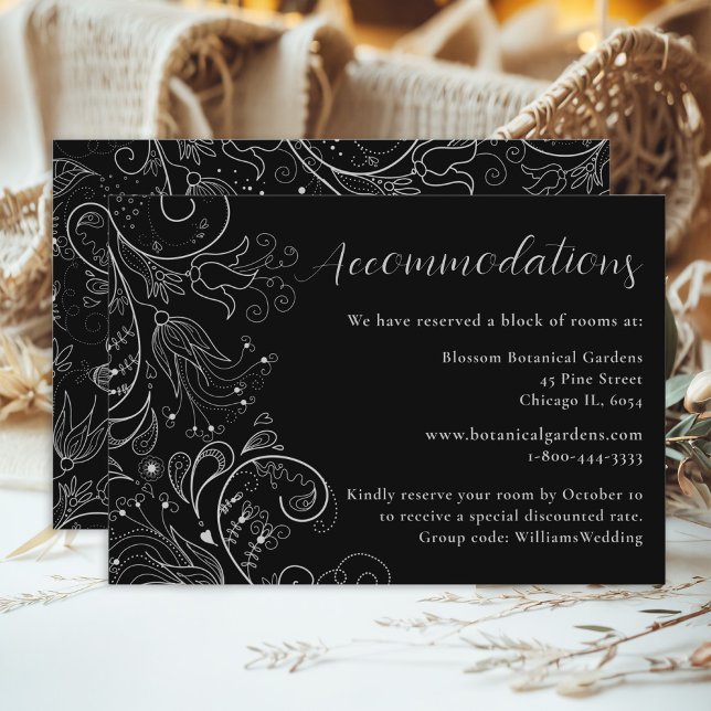 Silver Black Elegant Floral Wedding Accommodations Enclosure Card (Creator Uploaded)