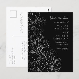Silver Black Elegant Floral Wedding Save The Date Postcard