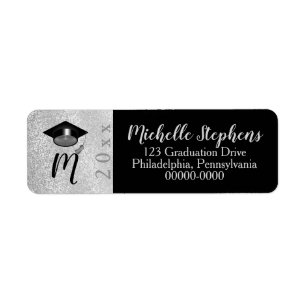 Silver   Black Faux Glitter Grad Cap Year Monogram