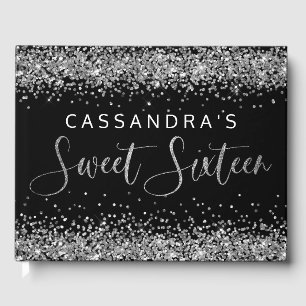 Silver Black Faux Glitter Sweet Sixteen Guest Book