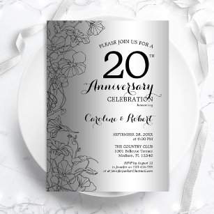 Silver Black Floral 20th Anniversary Invitation