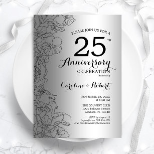 Silver Black Floral 25th Anniversary Invitation