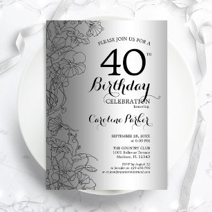 Silver Black Floral 40th Birthday Party Invitation
