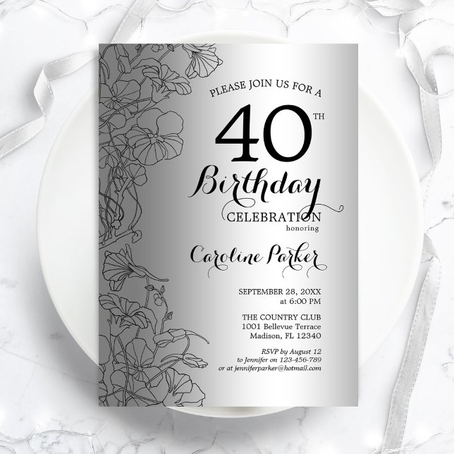 Silver Black Floral 40th Birthday Party Invitation (Creator Uploaded)
