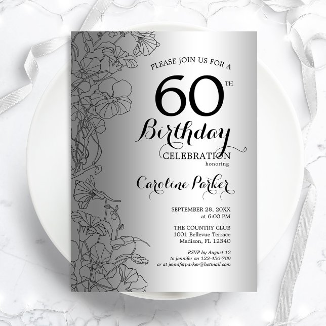 Silver Black Floral 60th Birthday Party Invitation (Creator Uploaded)