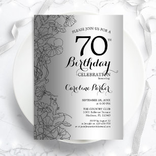 Silver Black Floral 70th Birthday Party Invitation