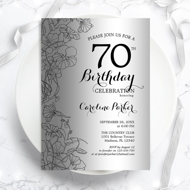 Silver Black Floral 70th Birthday Party Invitation (Creator Uploaded)