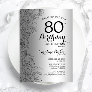 Silver Black Floral 80th Birthday Party Invitation