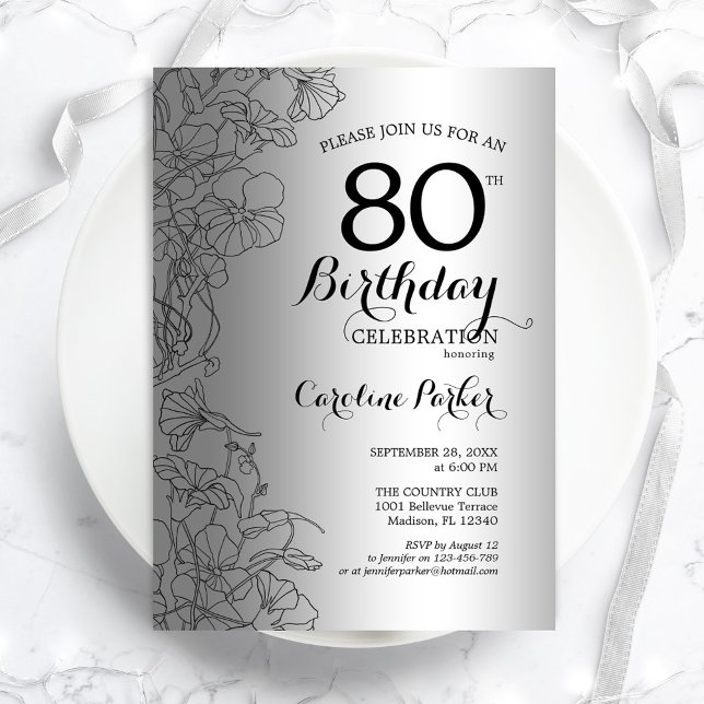 Silver Black Floral 80th Birthday Party Invitation (Creator Uploaded)