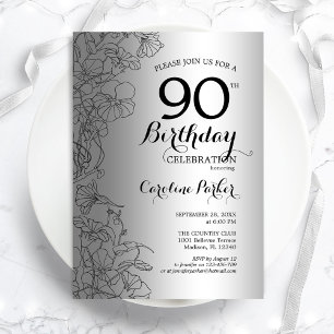Silver Black Floral 90th Birthday Party Invitation