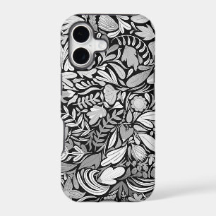 Silver Black Floral Leaves Illustration Pattern