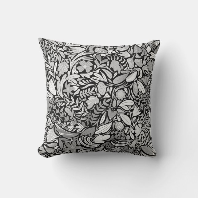Silver Black Floral Leaves Illustration Pattern Cushion (Front)