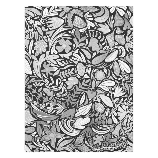 Silver Black Floral Leaves Illustration Pattern Tablecloth (Front)