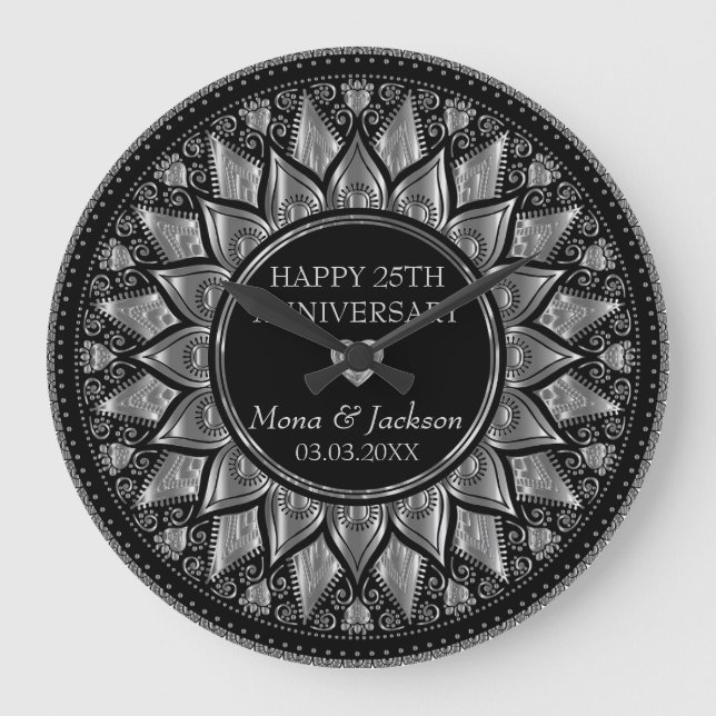 Silver & Black Floral Mandala Wedding Anniversary Large Clock (Front)