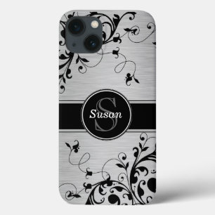 Silver Black Floral Swirls iPhone 13 Case