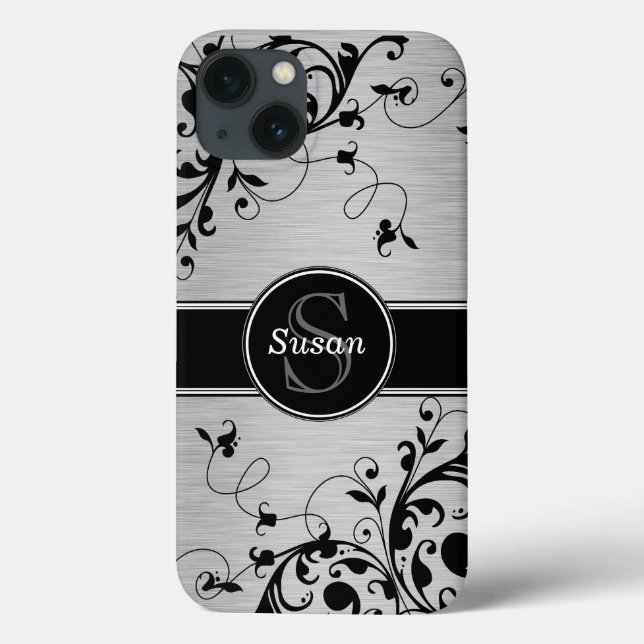 Silver Black Floral Swirls Case-Mate iPhone Case (Back)