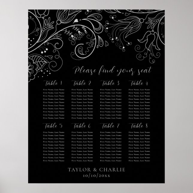 Silver Black Floral Wedding 8 Tables Seating Chart (Front)