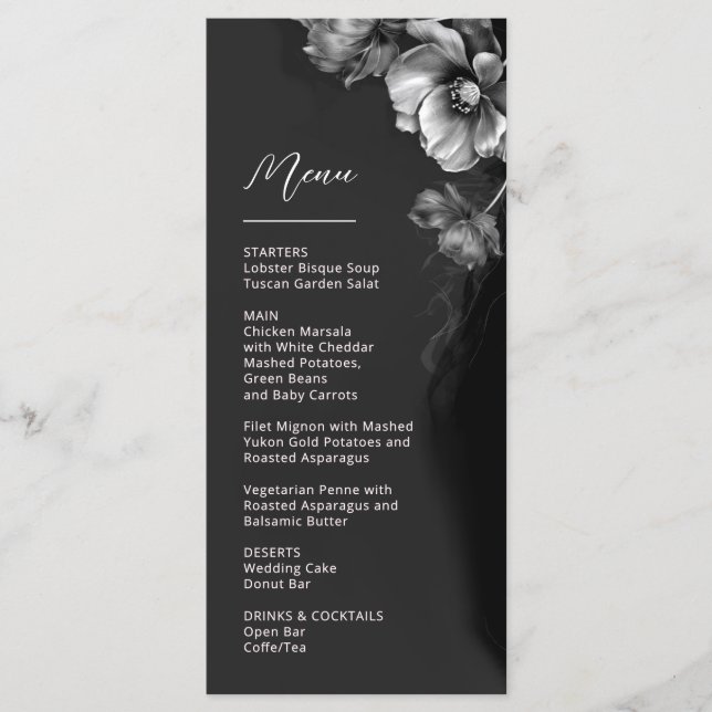 Silver Black Floral Wedding Menu (Front)