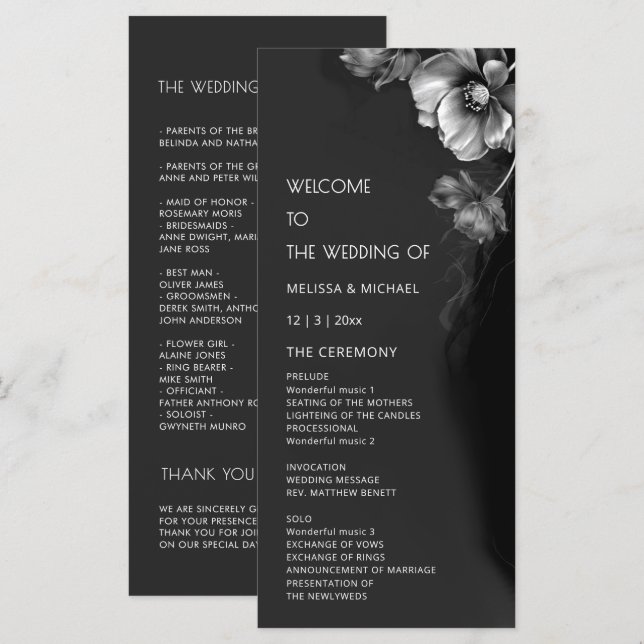 Silver Black Floral Wedding Programme (Front/Back)
