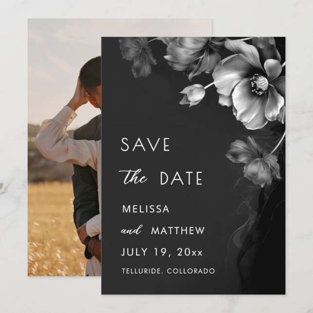 Silver Black Floral Wedding Save The Date (Front/Back)