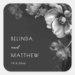 Silver Black Floral Wedding Square Sticker