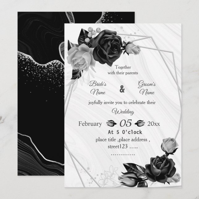 silver & black flowers botanical geometric wedding invitation (Front/Back)