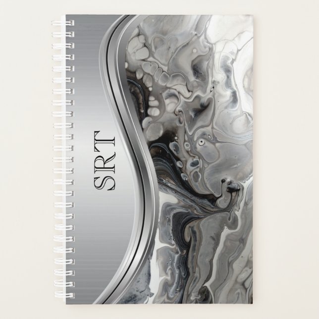 Silver Black Fluid Art Metal Monogrammed Planner (Front)