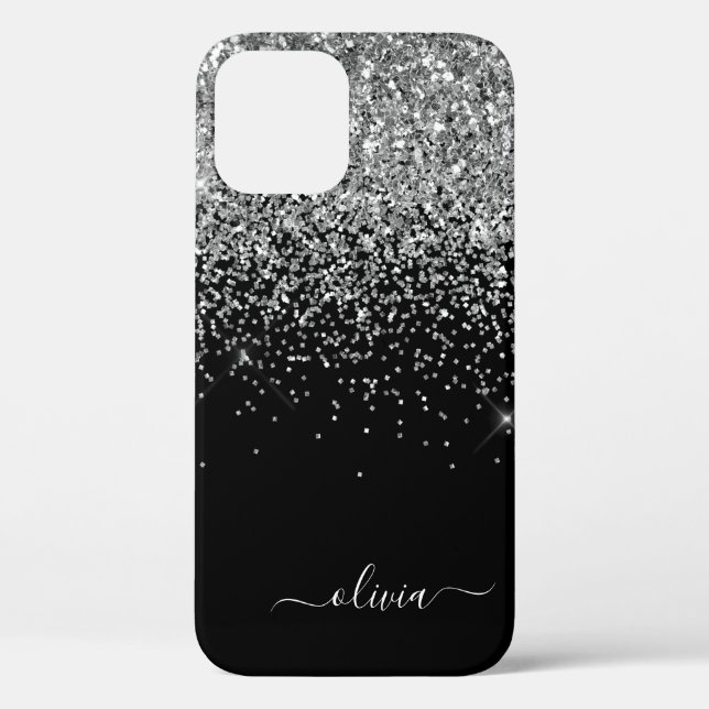 Silver Black Girly Glitter Sparkle Monogram Name C Case-Mate iPhone Case (Back)