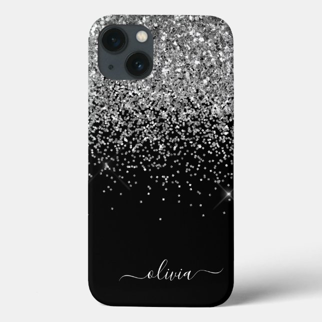 Silver Black Girly Glitter Sparkle Monogram Name C Case-Mate iPhone Case (Back)