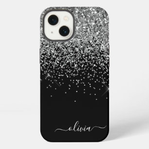 Silver Black Girly Glitter Sparkle Monogram Name C iPhone 13 Case