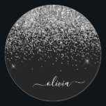 Silver Black Girly Glitter Sparkle Monogram Name Classic Round Sticker<br><div class="desc">Silver Sparkle Glitter Brushed Metal Monogram Name and Initial Paper Party Sticker Address Labels. This makes the perfect sweet 16 birthday,  wedding,  bridal shower,  anniversary,  baby shower or bachelorette party gift for someone that loves glam luxury and chic styles.</div>