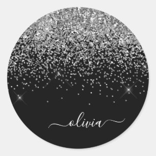 Silver Black Girly Glitter Sparkle Monogram Name Classic Round Sticker