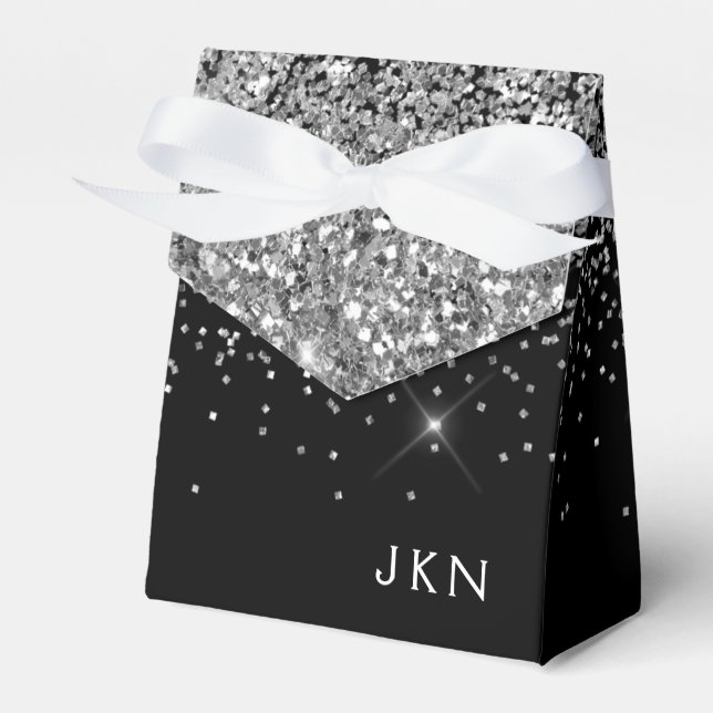 Silver Black Girly Glitter Sparkle Monogram Name Favour Box (Front Side)