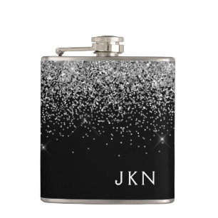 Silver Black Girly Glitter Sparkle Monogram Name Hip Flask