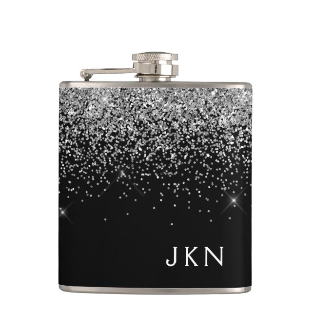 Silver Black Girly Glitter Sparkle Monogram Name Hip Flask (Front)