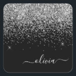 Silver Black Girly Glitter Sparkle Monogram Name Square Sticker<br><div class="desc">Silver and Black Sparkle Glitter Brushed Metal Monogram Name Paper Party Sticker Address Labels. This makes the perfect sweet 16 birthday,  wedding,  bridal shower,  anniversary,  baby shower or bachelorette party gift for someone that loves glam luxury and chic styles.</div>