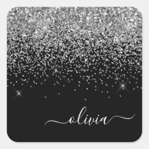 Silver Black Girly Glitter Sparkle Monogram Name Square Sticker