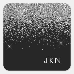 Silver Black Girly Glitter Sparkle Monogram Name Square Sticker