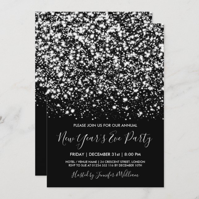 Silver & Black Glam New Years Eve Party Invitation (Front/Back)