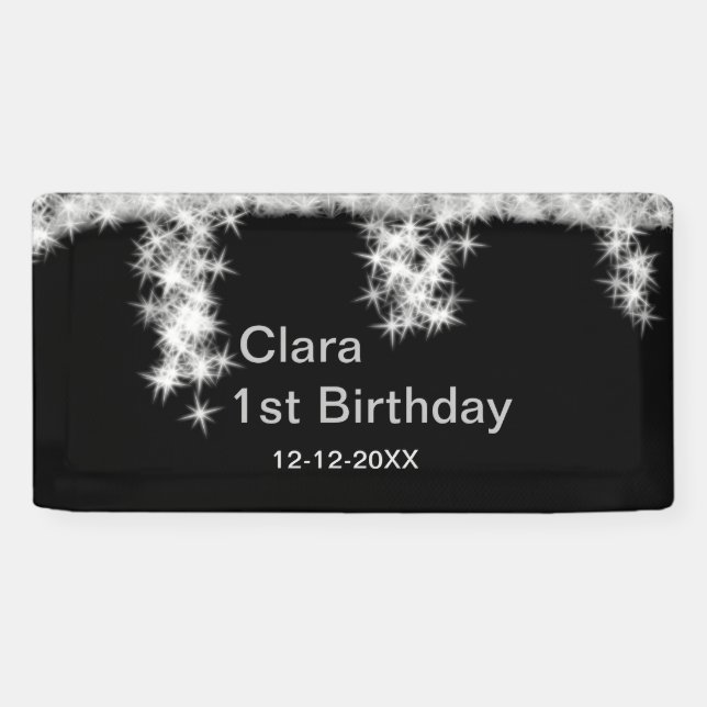 Silver black glitter add name birthday date year t banner (Horizontal)
