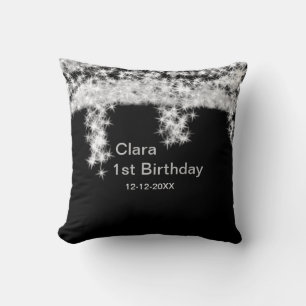 Silver black glitter add name birthday date year t cushion