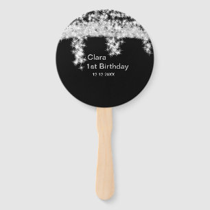 Silver black glitter add name birthday date year t hand fan