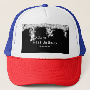 Silver black glitter add name birthday date year t trucker hat