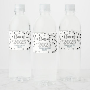 Silver Black Glitter Class of 2025 Graduation Water Bottle Label