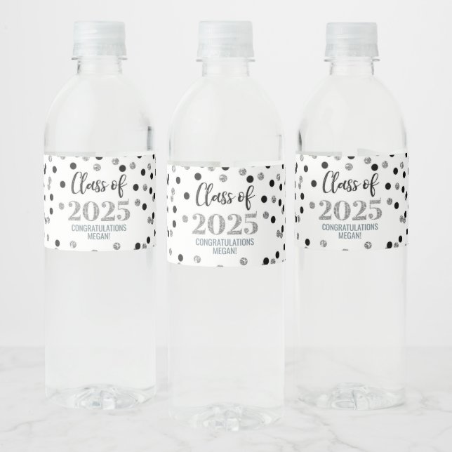 Silver Black Glitter Class of 2025 Graduation Water Bottle Label (Bottles)