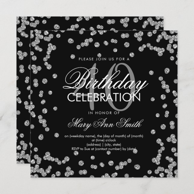Silver Black Glitter Confetti 40th Birthday Invitation (Front/Back)