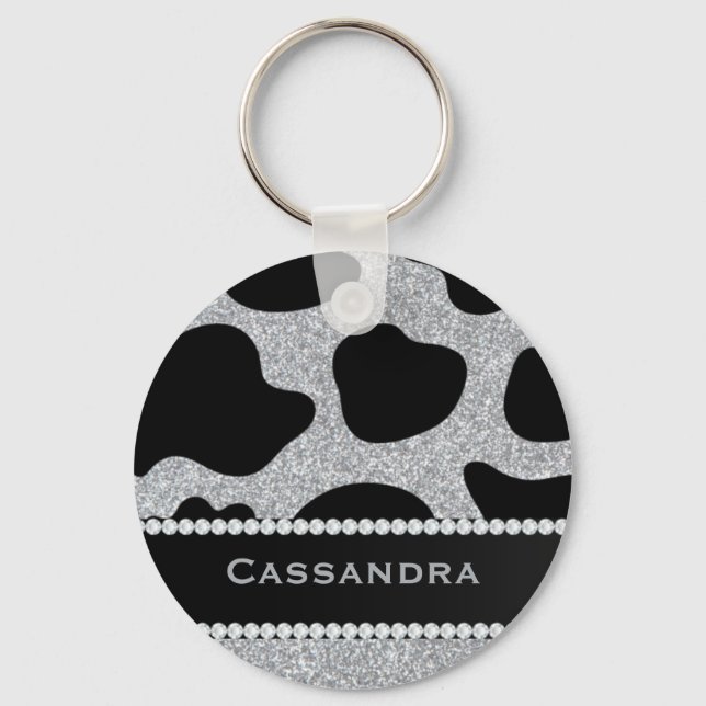 Silver & Black Glitter Cow Print Diamonds Name Key Ring (Front)