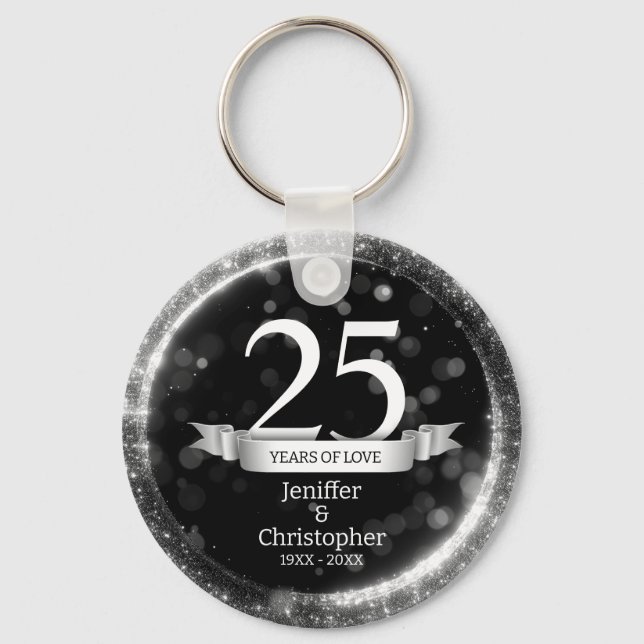 Silver Black Glitter Edit Year Wedding Anniversary Key Ring (Front)